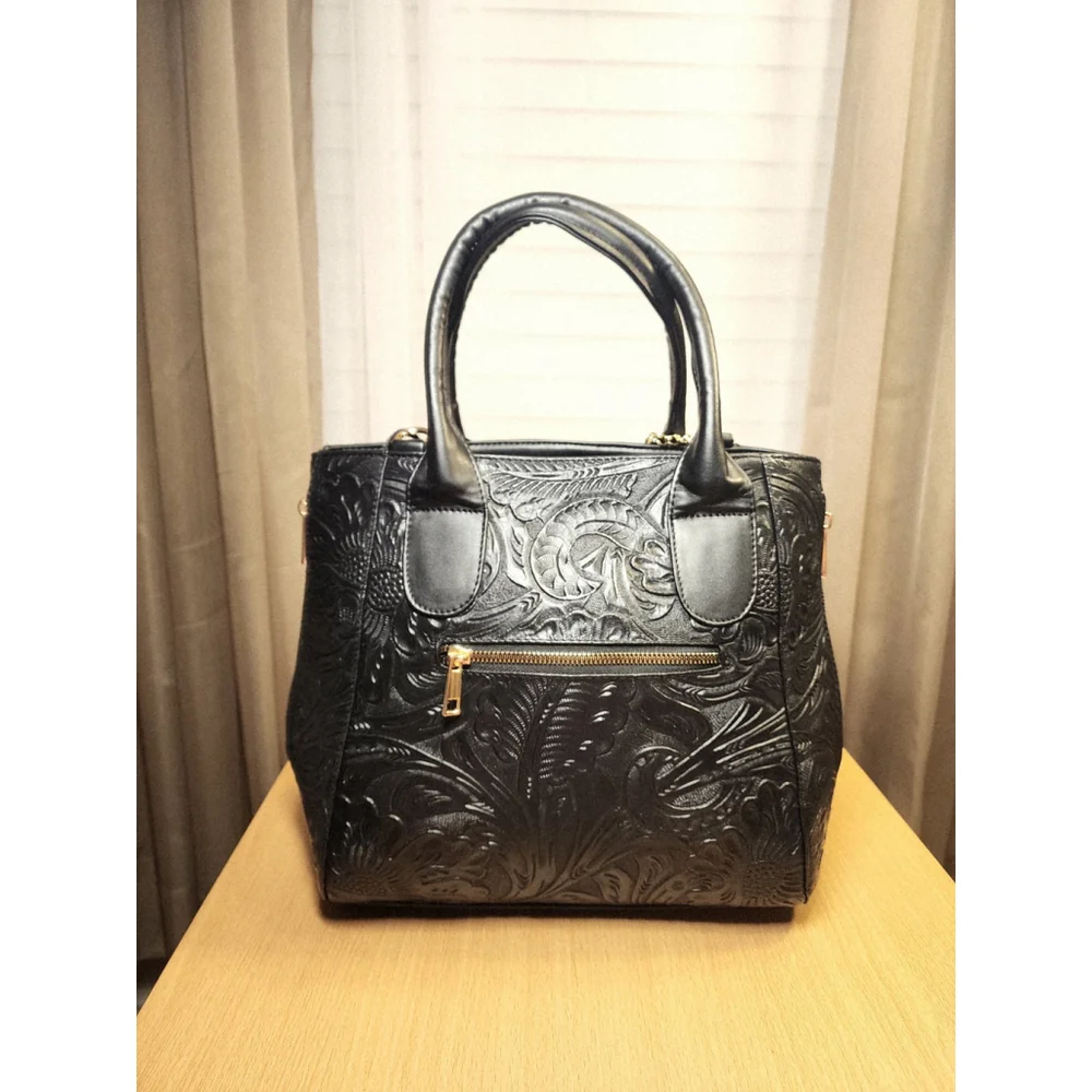 Black Zippered Floral Embossed Tooled Artisan LEATHER Hobo Bag Purse Artesanal